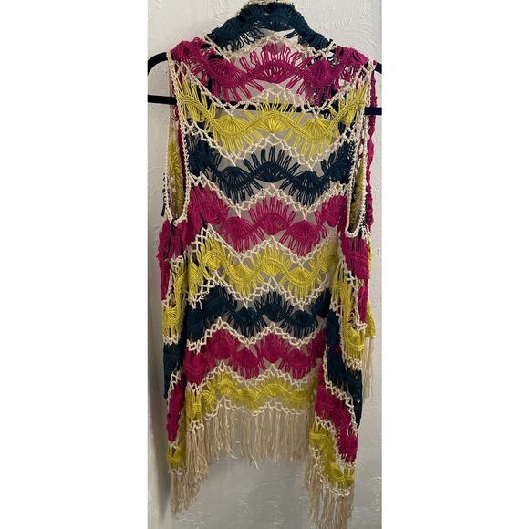 May & July Crochet Bright Knit Vest Size M/L Fringe Long Open - Picture 4 of 6